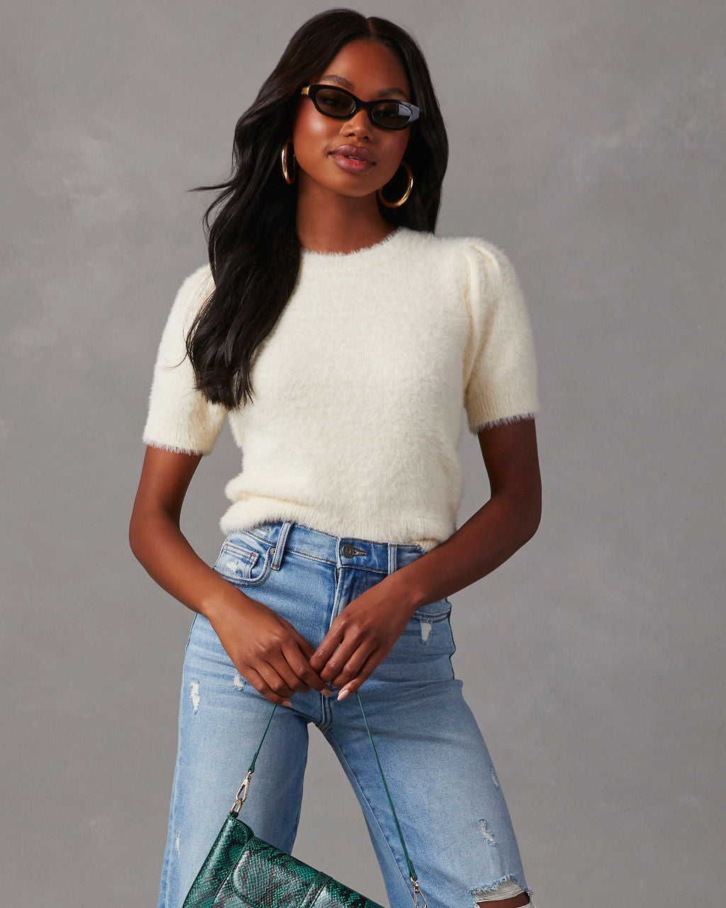 Luxurious Emanuelle Fuzzy Short Sleeve Sweater Top