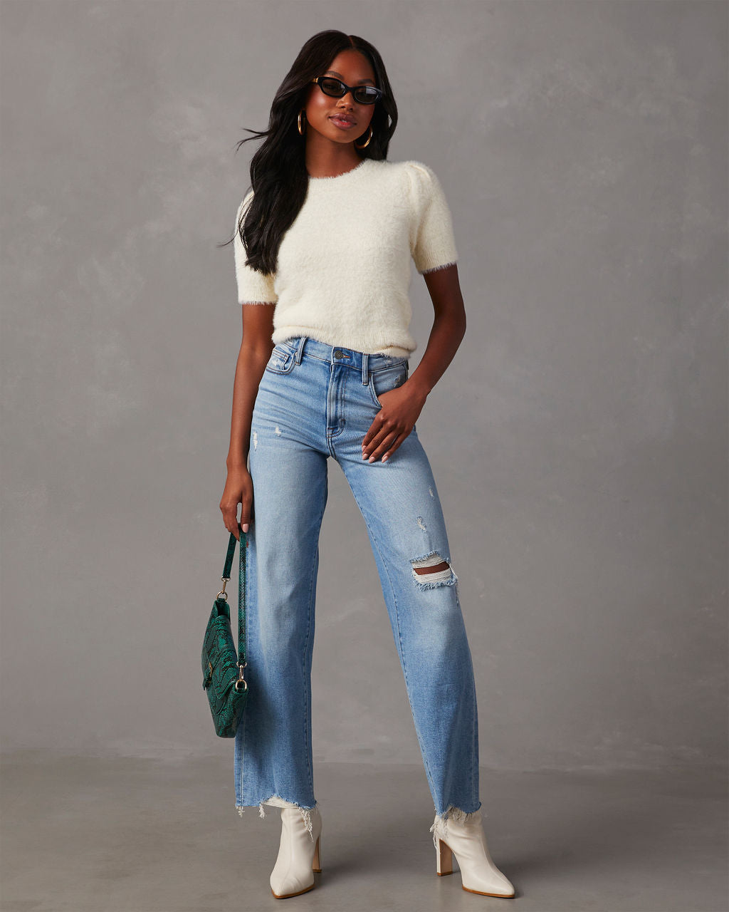 Luxurious Emanuelle Fuzzy Short Sleeve Sweater Top