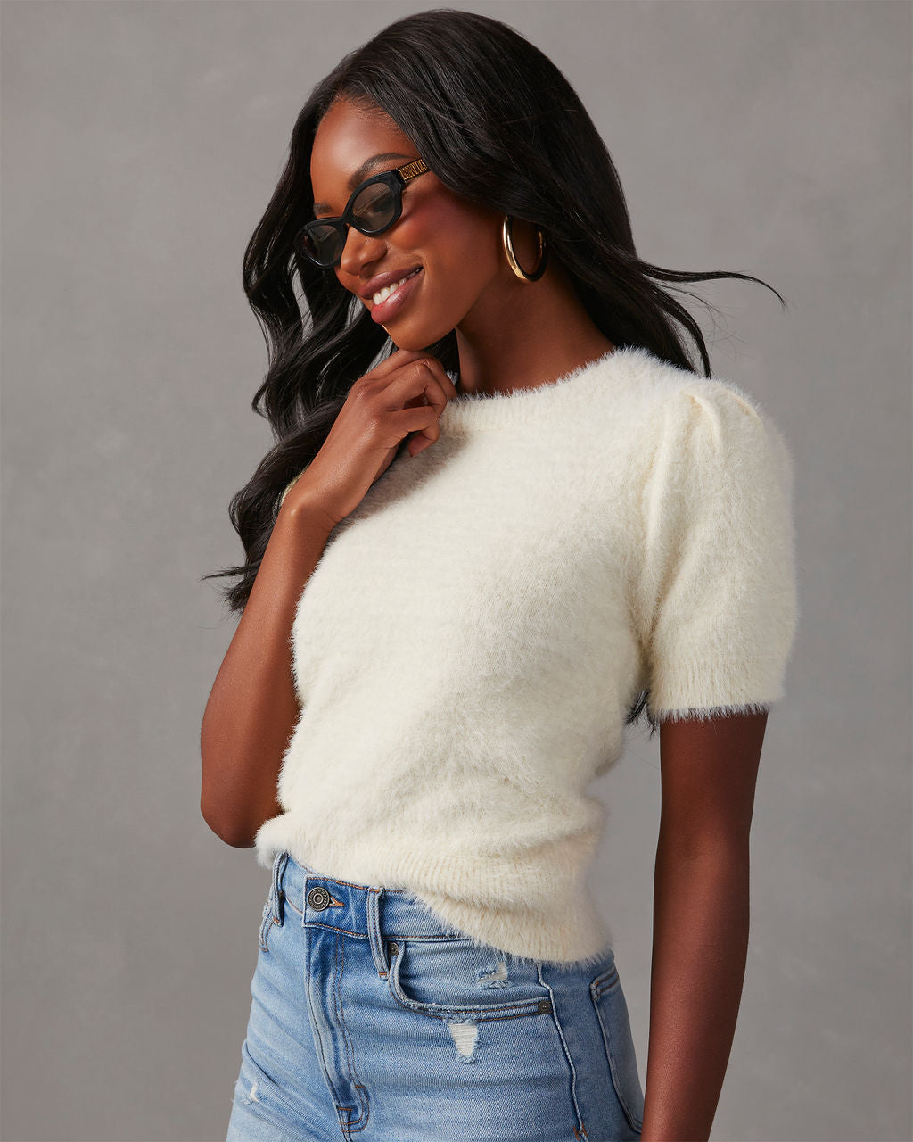 Luxurious Emanuelle Fuzzy Short Sleeve Sweater Top