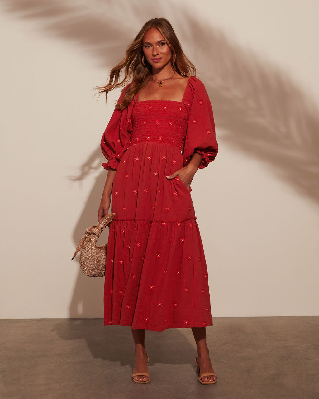 Premium Jemma Smocked Puff Sleeve Tiered Midi Dress