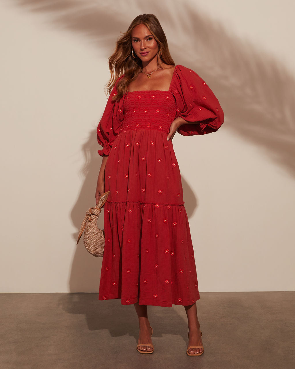 Premium Jemma Smocked Puff Sleeve Tiered Midi Dress