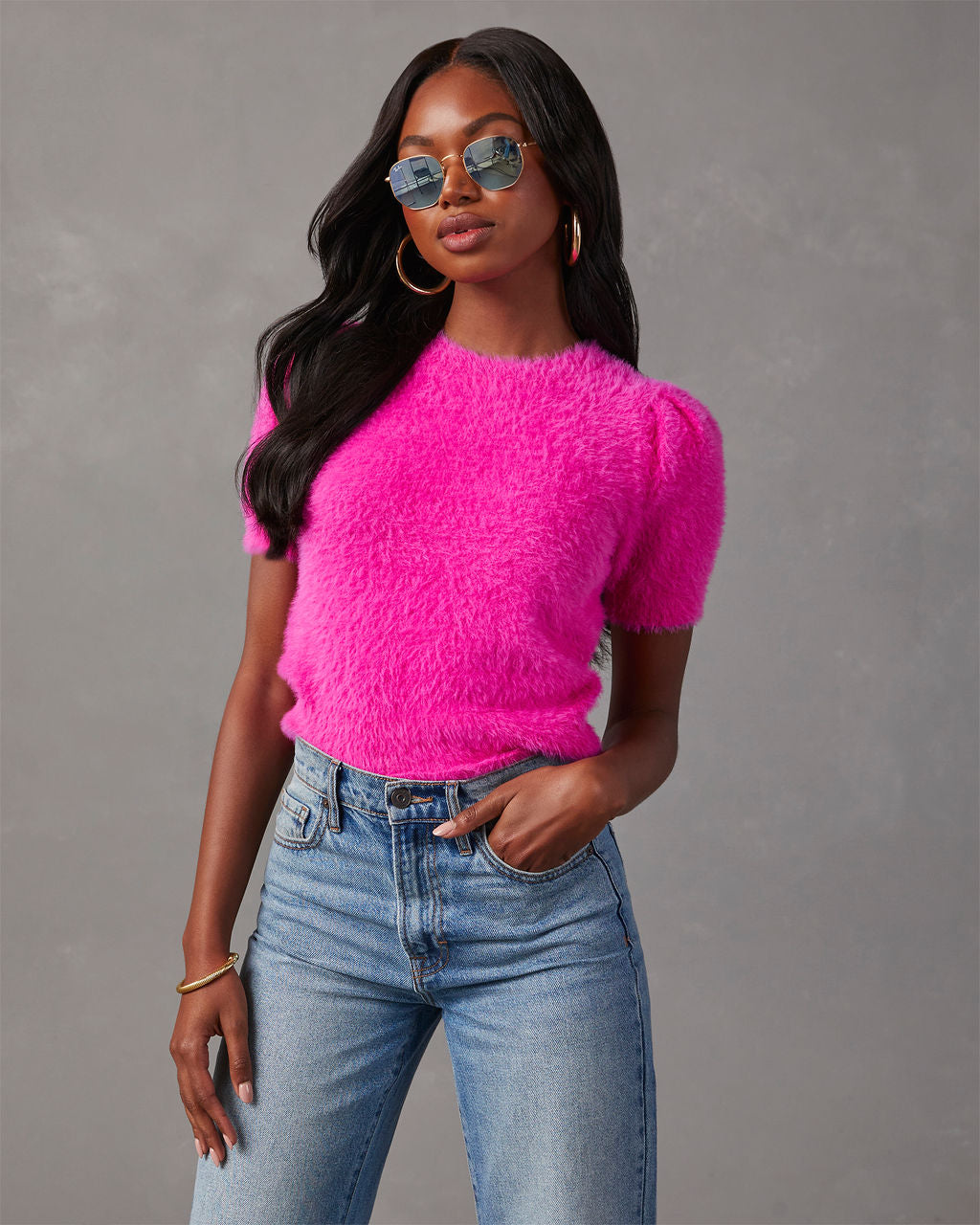 Luxurious Emanuelle Fuzzy Short Sleeve Sweater Top