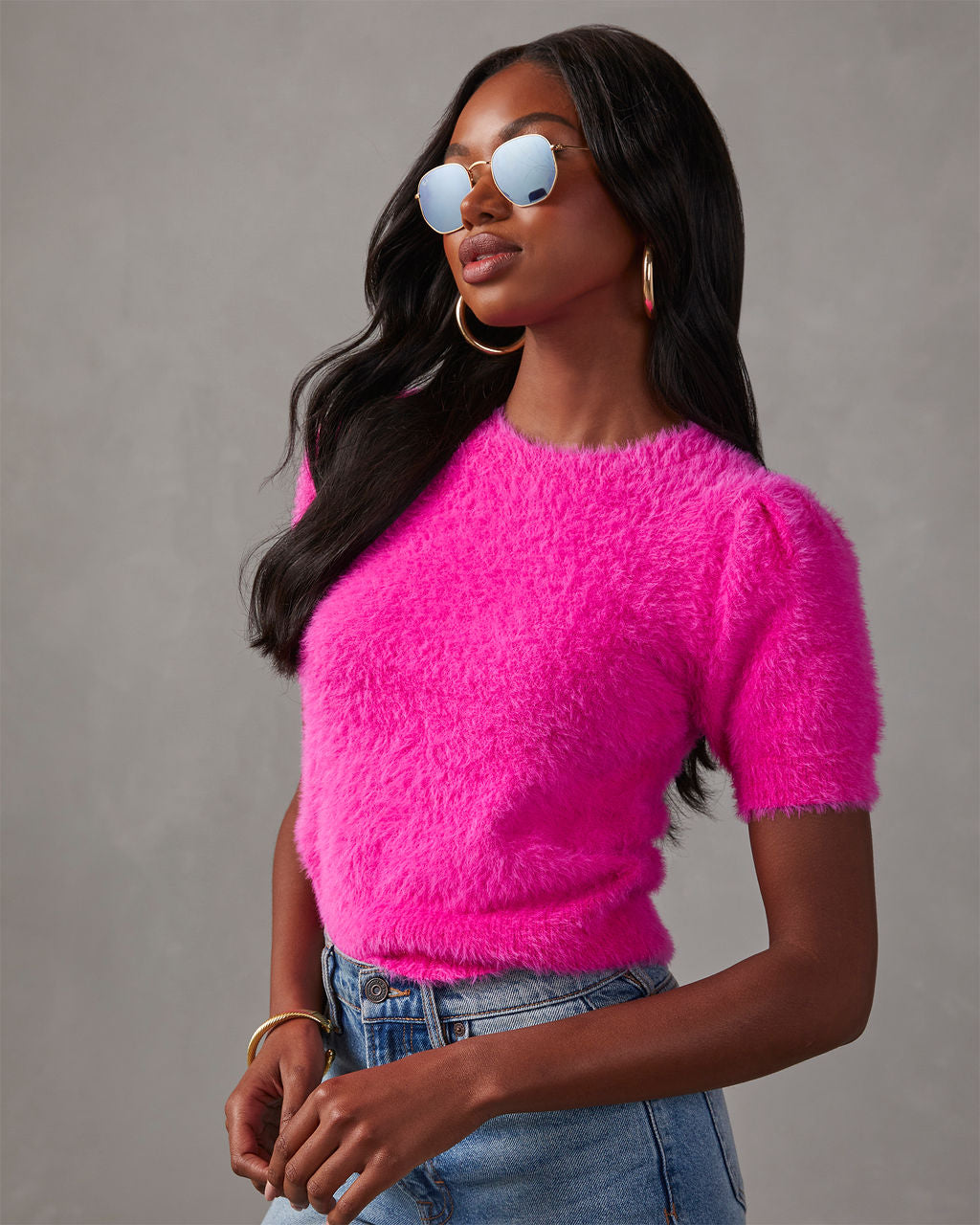 Luxurious Emanuelle Fuzzy Short Sleeve Sweater Top