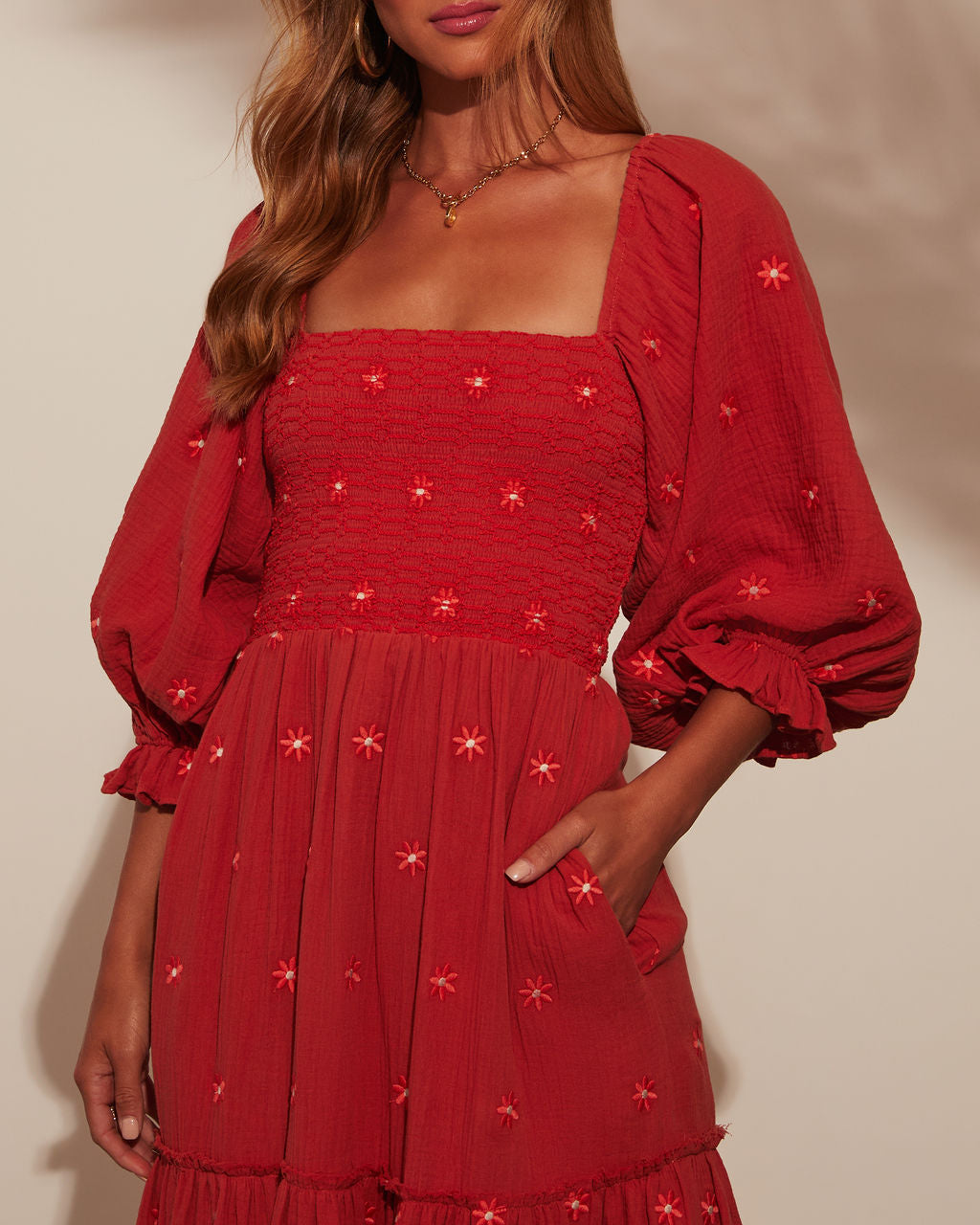 Premium Jemma Smocked Puff Sleeve Tiered Midi Dress