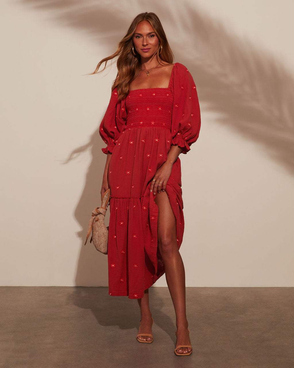 Premium Jemma Smocked Puff Sleeve Tiered Midi Dress