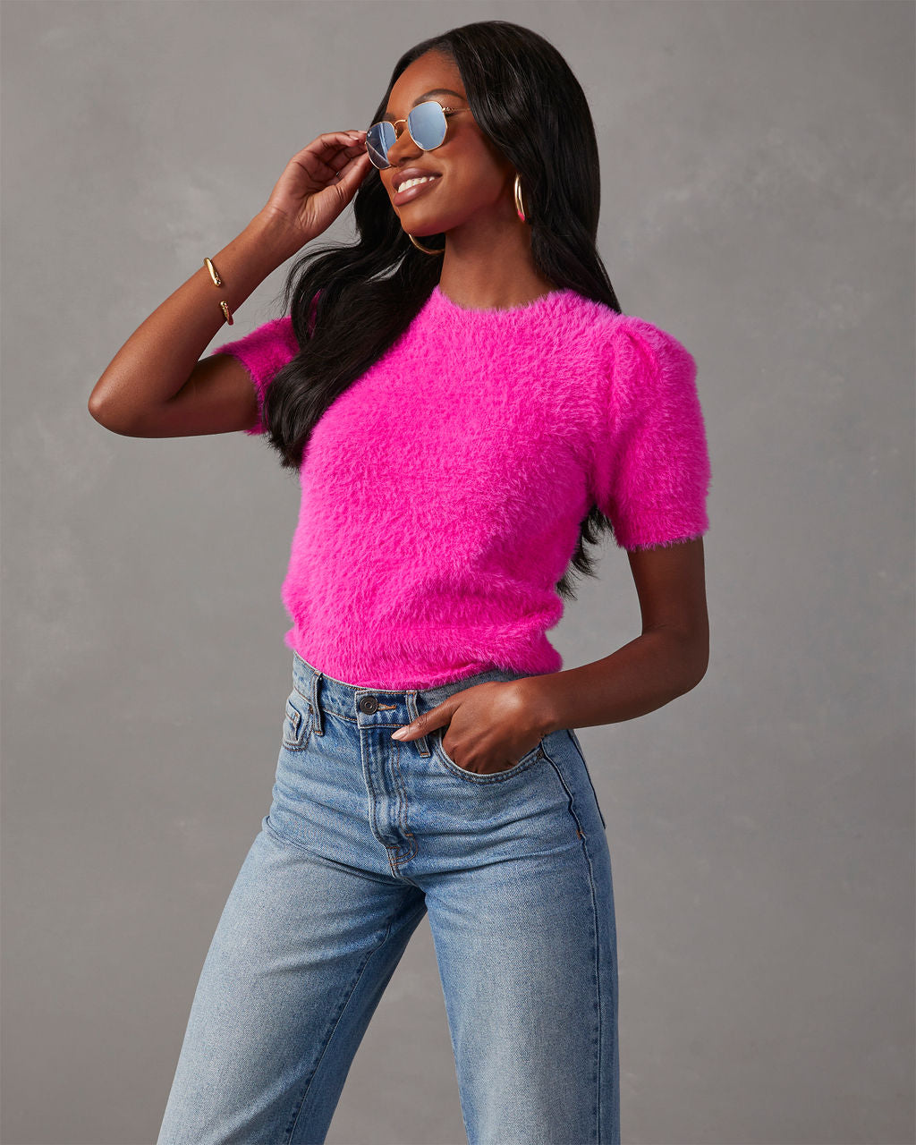 Luxurious Emanuelle Fuzzy Short Sleeve Sweater Top