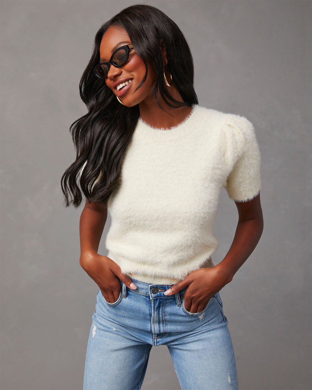 Luxurious Emanuelle Fuzzy Short Sleeve Sweater Top